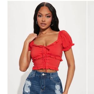 Red Short Sleeve Blouse Top Lace Up Front NWT